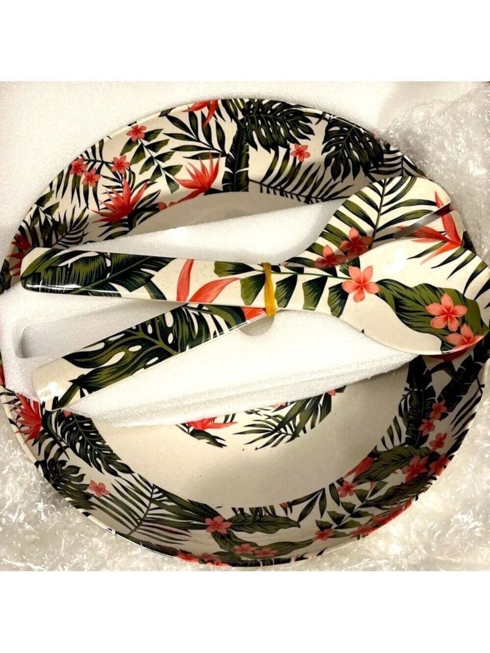 Melamine Palm Frond Salad Bowl Set w/ Serving Utensils, Peaches & Greens, NIB